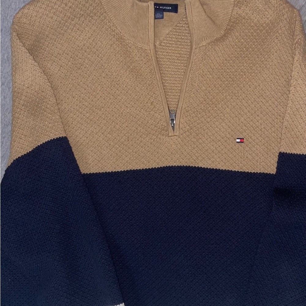 Tommy Hilfiger Men’s Tan Cream Navy Zip Up Sweater 100% Cotton